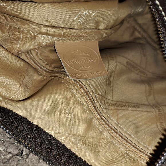 LONGCHAMP-Dark Brown Pebbled Leather Hobo/Baguette-Vintage-Logo Studs-Near Mint - Picture 12 of 13